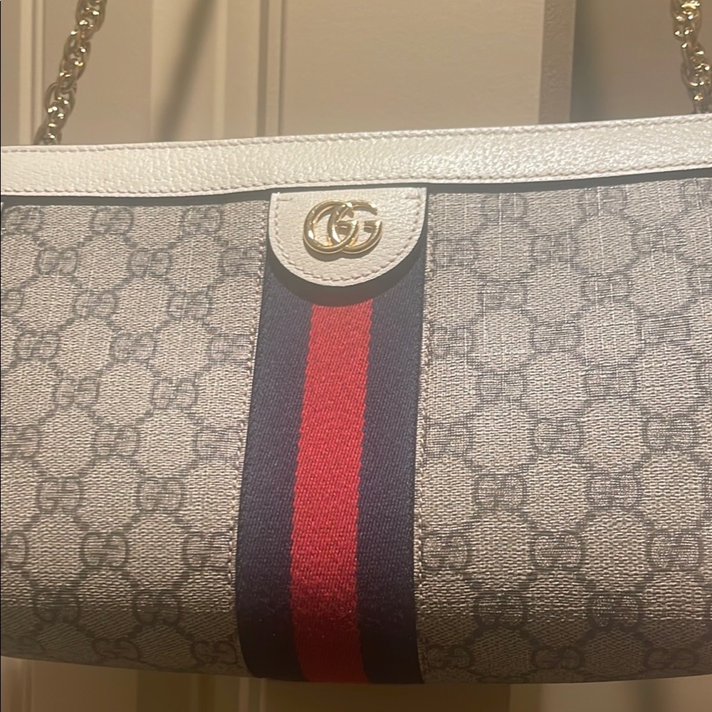 Gucci White and Gray Shoulder Bag with Red and Blue Stripe